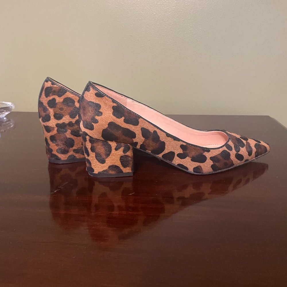J CREW Leopard Calf Hair Pointy Block Heel SZ 6.5